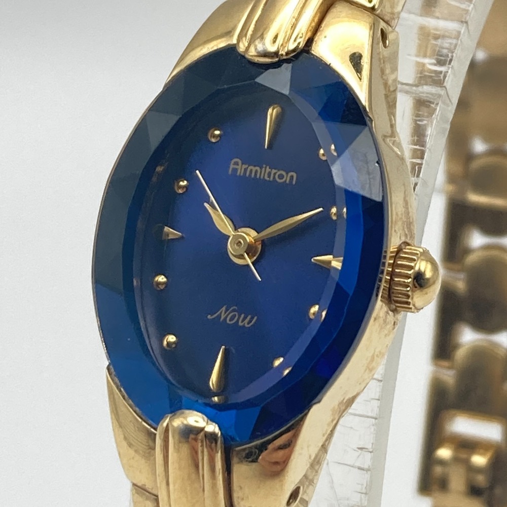 Armitron Now Women's Watch 17mm Gold Tone Blue Dial Faceted New Battery 6.75"